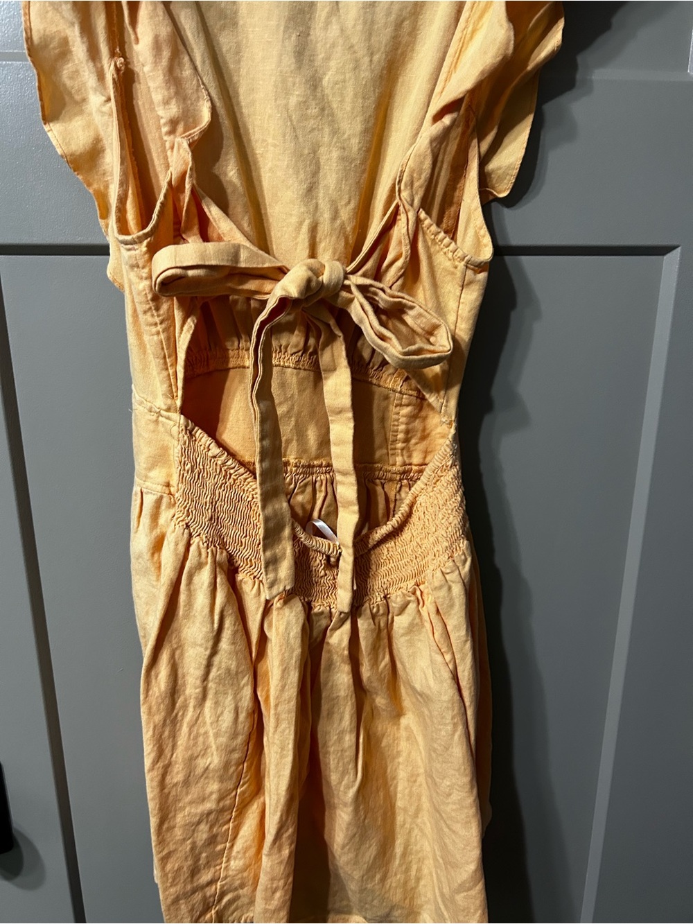 Free People peach Yellow Smocked Dress Top Ruffle sleeve Cotton Linen blend - Picture 4 of 6